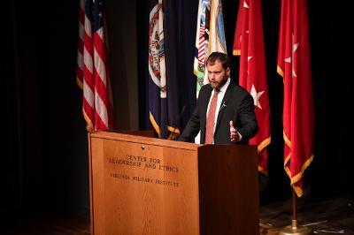 Picture of Sean Matson, VMI Class of 2005, speaking in Gillis during the BLIS Conference