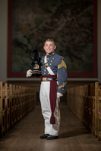 2nd Lt. Derek Shockey, '22 poses in cadet uniform in Memorial hall