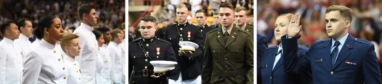 Navy, Marine, Army, and Air Force ROTC cadets during commissioning ceremony at VMI, a military college in Virginia.