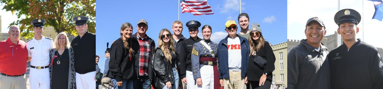 Cadets at VMI, a military college in Virginia, pose with their families during Family Weekend 2022 in Lexington.