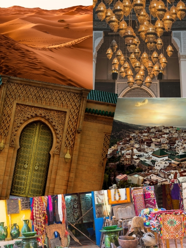 Photos of Moroccan cities and deserts.