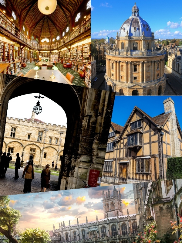 Collage of photos from the University of Oxford, as well as Stratford-upon-Avon.