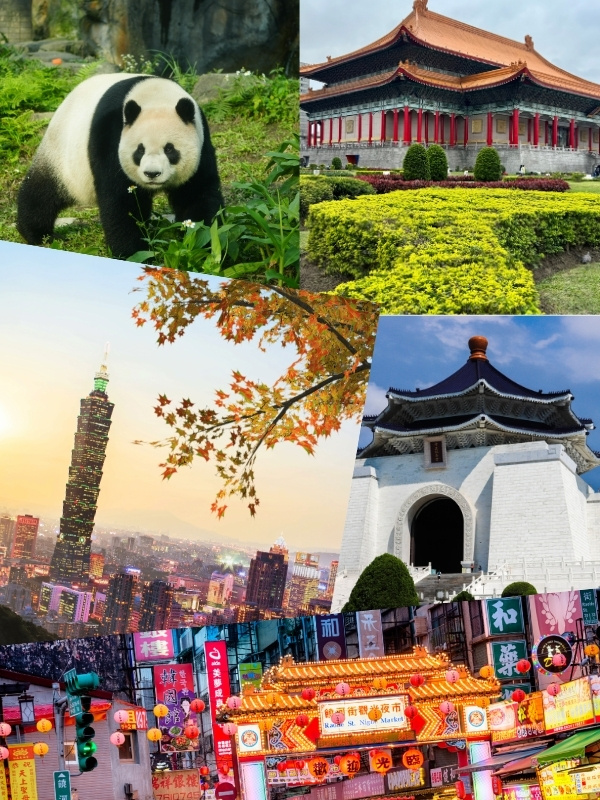 Collage of photos of temples and skylines in Taiwan.