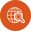 Line icon of globe with a magnifying glass on an orange circle