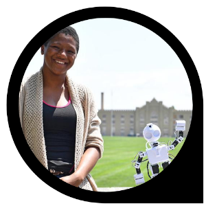 Photo of Cadet Miyah Boyd '20 with her BeanBot robot from her research project
