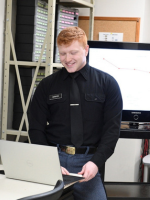 Cole Bowyer demonstrates the Audiogram Emulator during and interview with WDBJ7.
