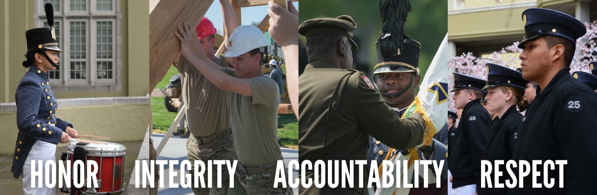 Cadets with words honor, integrity, accountability, and respect.