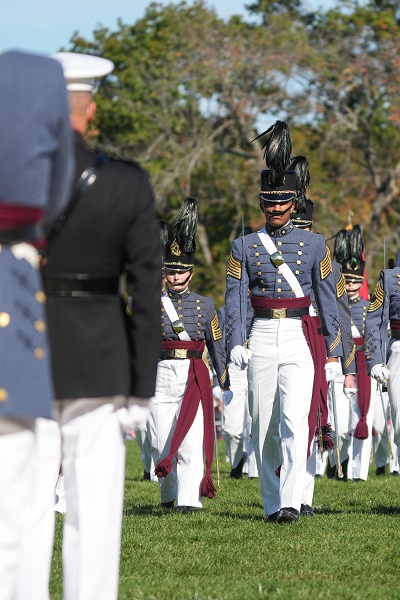 Devin leads the Corps of Cadets as they approach LtGen Furness, VMI's superintendent, for parade review.