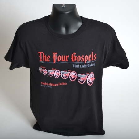 Front view of The Four Gospels black t-shirt showing four cannon.