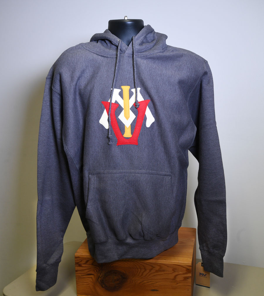 grey hooded sweatshirt with sewn felt lettering of VMI