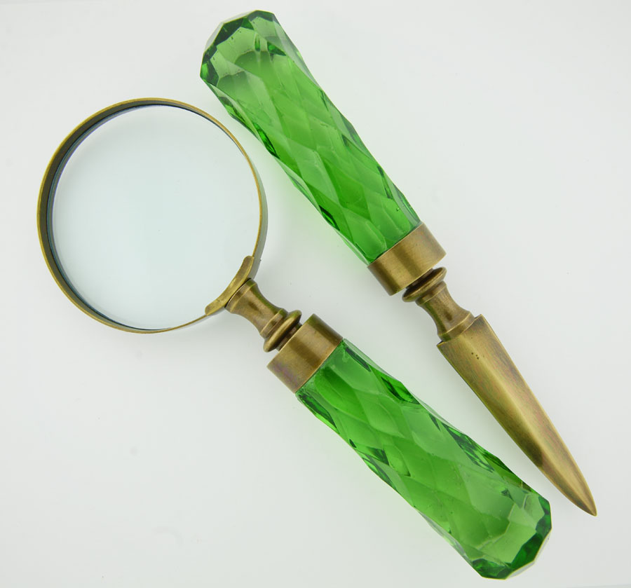chunky green glass handle magnifying glass and letter opener