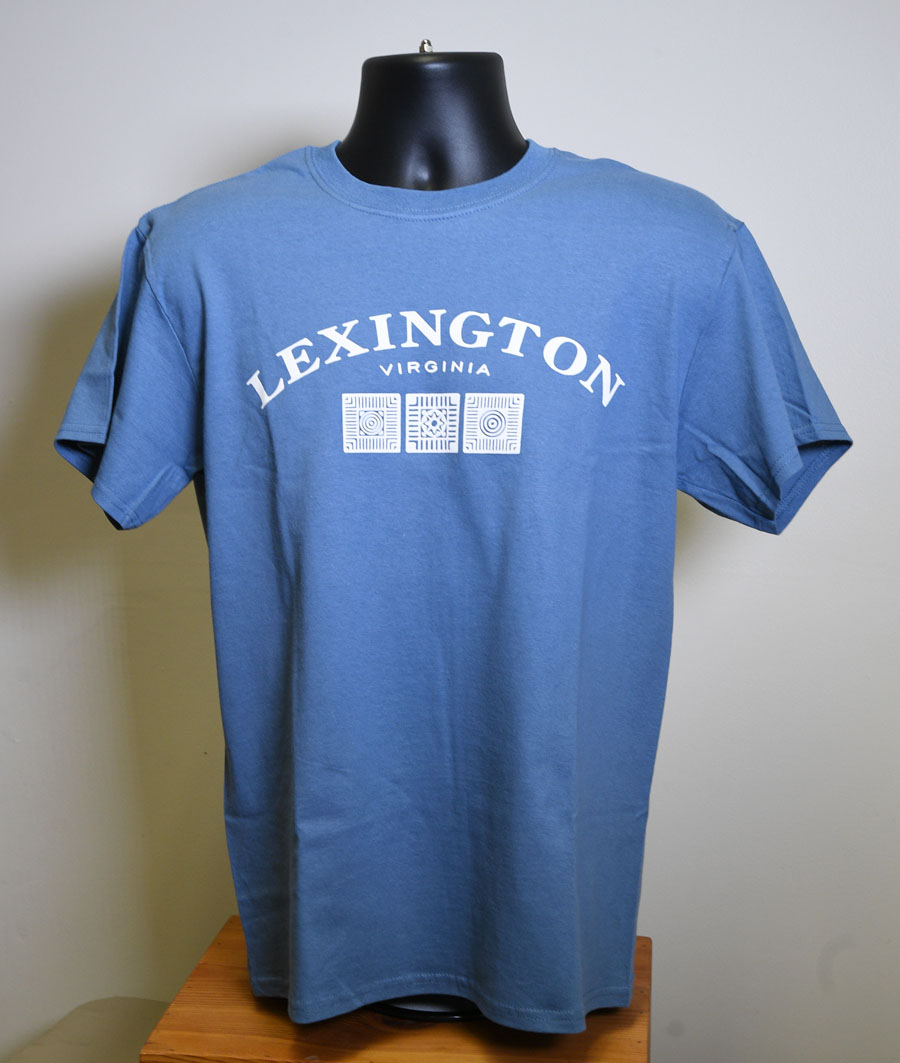 Blue t-shirt with Lexington Virginia written and three versions of Lexington brick designs