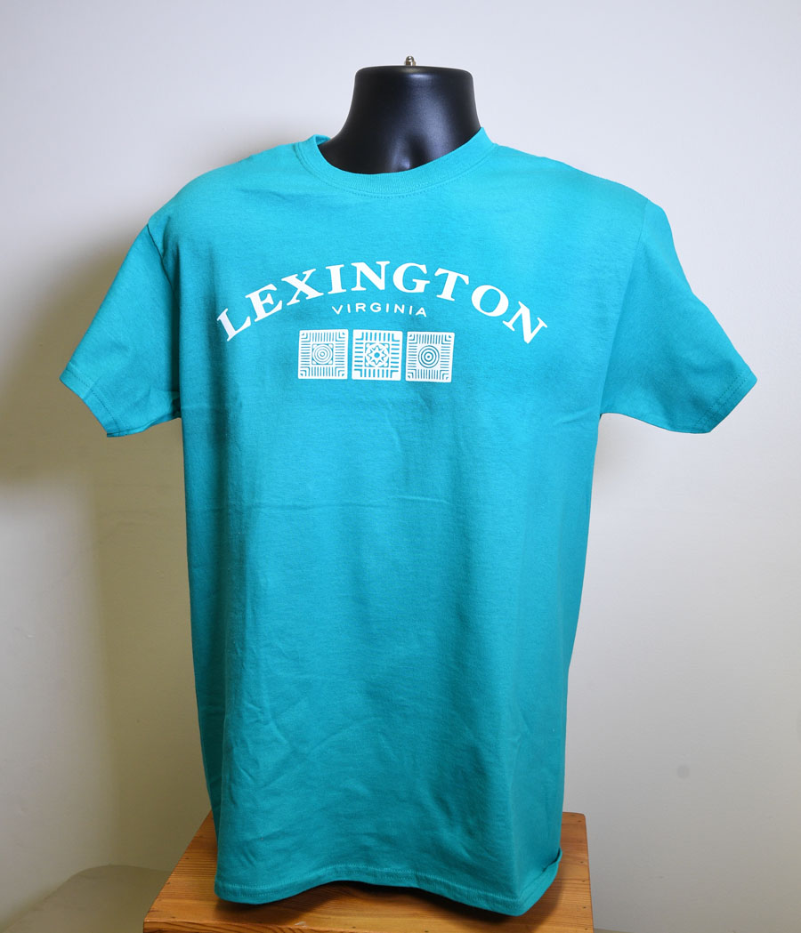 Teal colored shirt with the Words Lexington Virginia dn three different square brick designs below