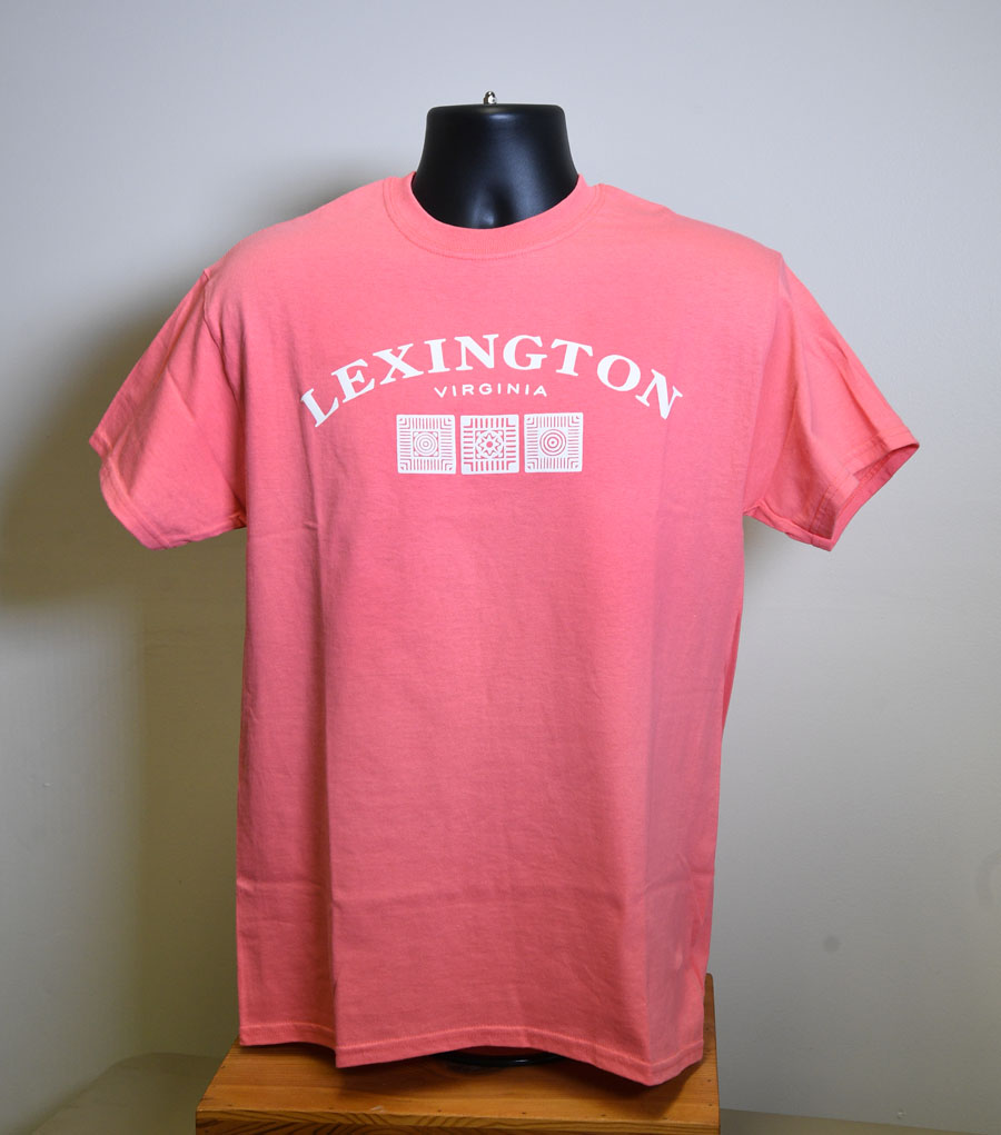 Coral colored t shirt with Lexington Virginia and three brick designs