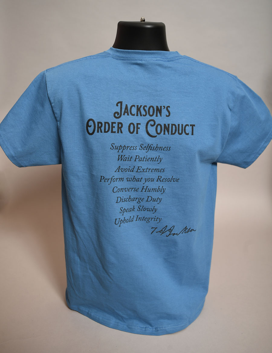 t shirt back with list of Jackson's Order of conduct and signature