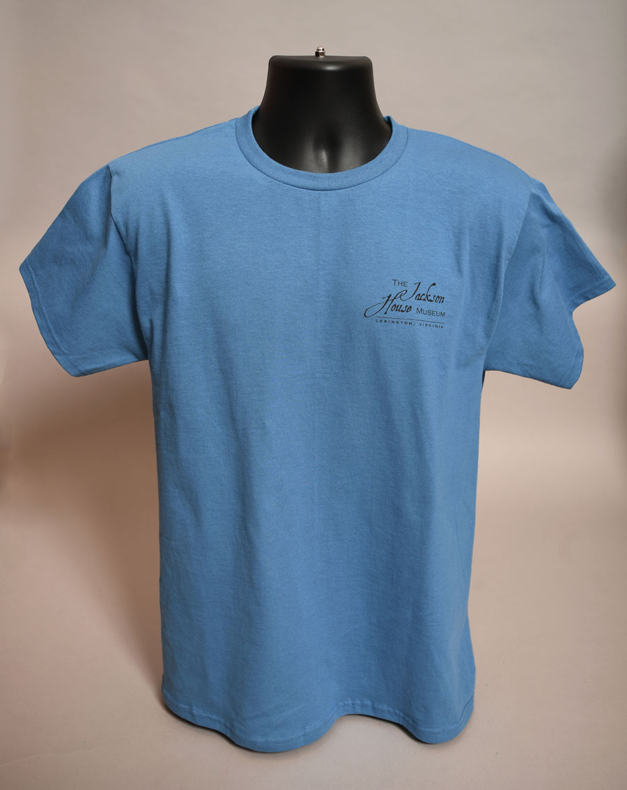 dusty blue t-shirt with Jackson House Museum logo. Lexington VA on right front breast