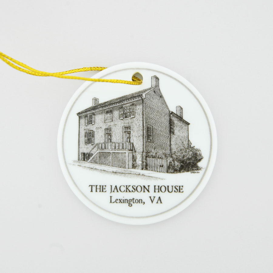 round ceramic ornament with a grey tinted image of the Jackson House with writing below Jackson House Museum, Lexington VA