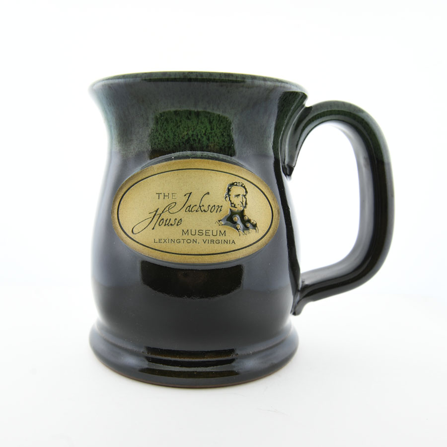 16 ounce wide mouth Sunset Hill Mug green top glaze black lower glaze with oval seal with Stonewall Jackson House signature, small version of Jackson and Lexington Virginia
