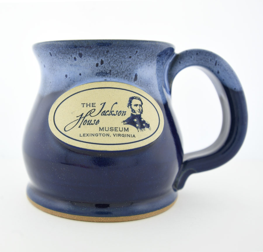 short blue mug with museum logo