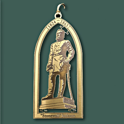 brass ornament with archway with 1824-1863 on the top Stonewall Jackson on the bottom and a standing image of Jackson in the center