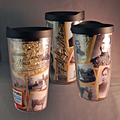 16oz Tervis lidded tumbler with Stonewall Jackson House logo and photos of Thomas, Elinor, Anna, Little Sorrell, barracks and cemetery statue