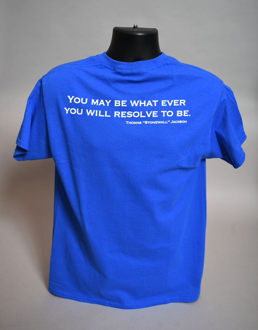 Back of blue shirt with quote: 