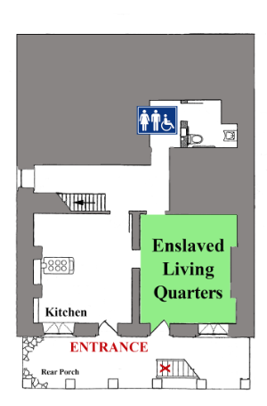 Floor plan map showing the Enslaved Quarters highlighted in green.