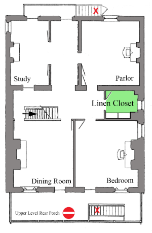 Floor plan map showing the linen closet highlighted in green.