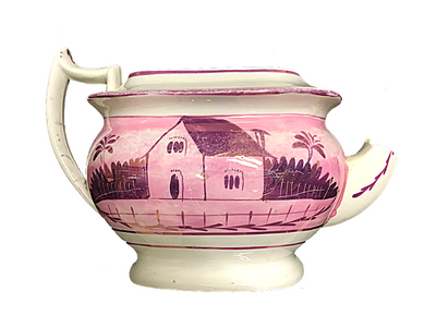 Short, wide teapot with pink illustration of buildings.