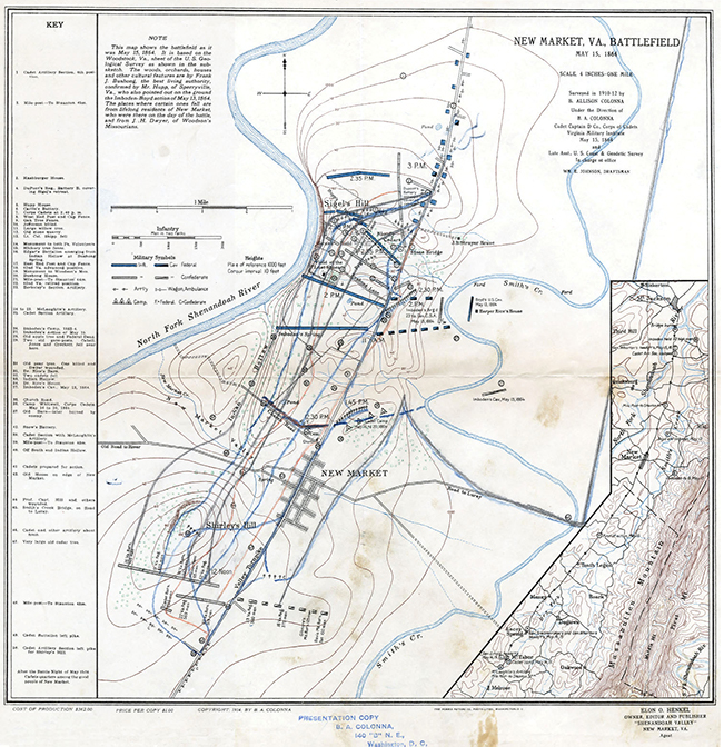 NOTE: This map shows the battlefield as it was May 15, 1864. It is based on the Woodstock, Va., sheet of the U.S. Geological Survey as shown in the sub-sketch. The woods, orchards, houses and other cultural features are by Frank J. Bushong, the best living authority, confirmed by Mr. Hupp, of Sperryville, Va., who also pointed out on the ground the Imboden-Boyd action of May 13, 1864. The places w