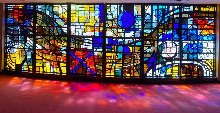 Light streaming through the 28-foot-long slab glass window, created by Israeli-born artist Ami Shamir.  The window was the brainchild of Robert Blood, who designed the original museum exhibits for its opening in 1970. 