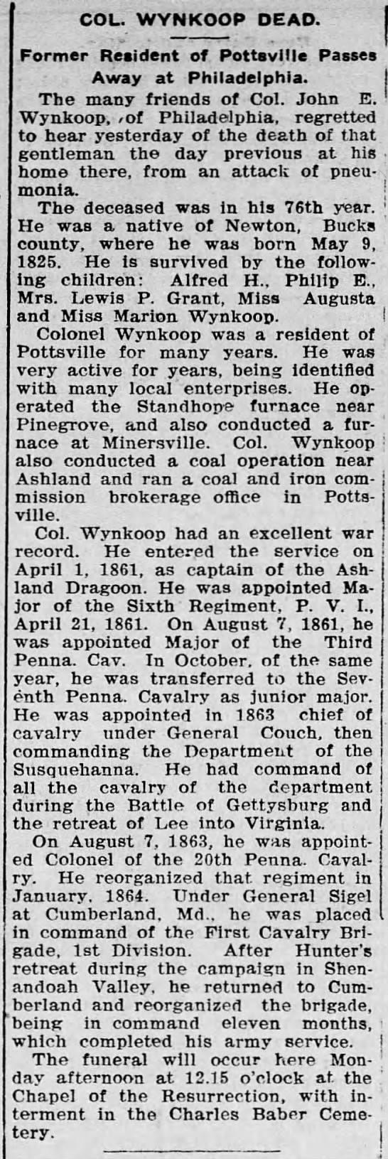 An obituary for Colonel John E. Wynkoop, Second Cavalry Brigade