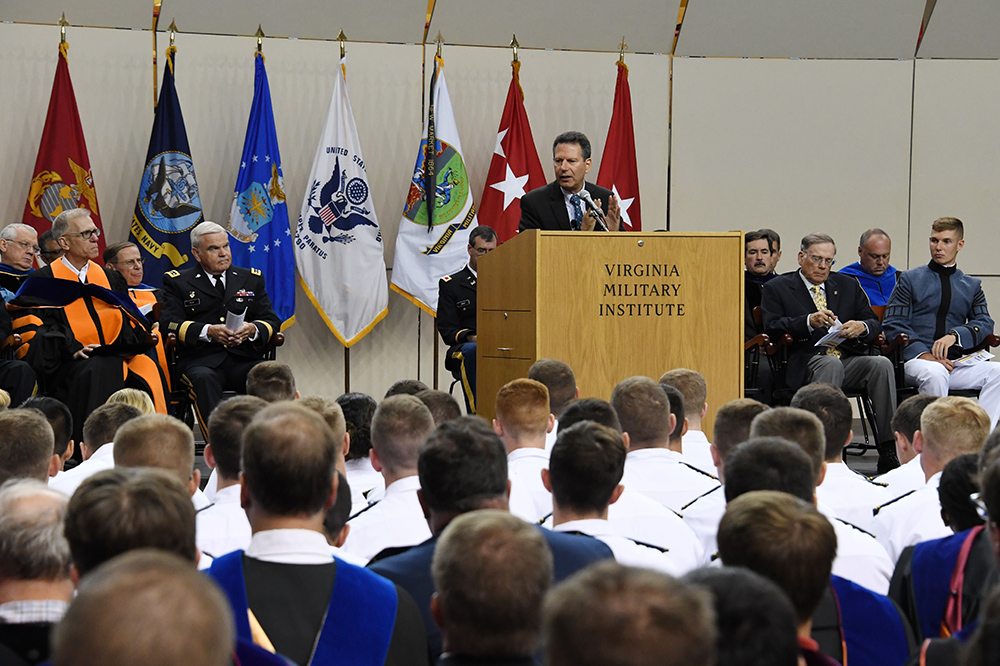 Image of cadets and faculty listening to Robert Kaplan speak