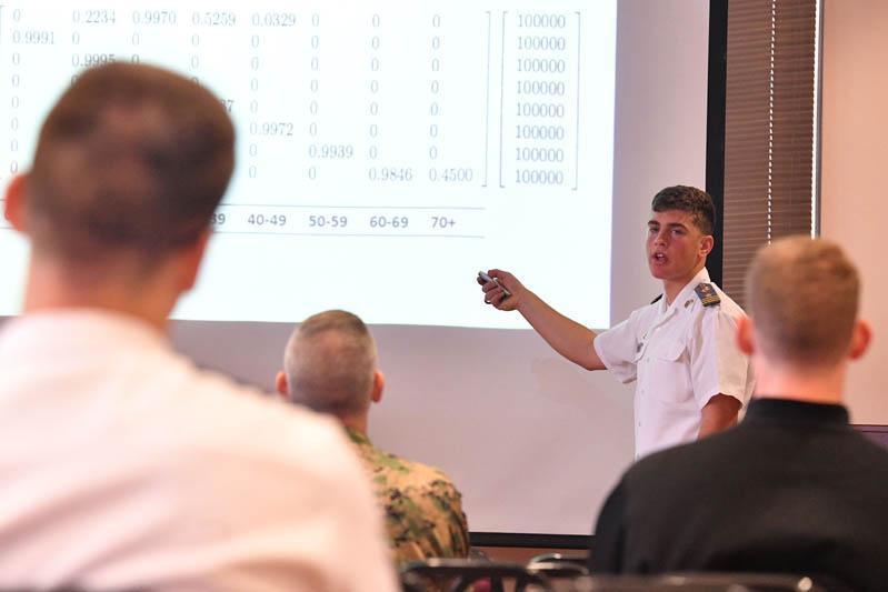 Drew Borinstein ’17 presents his honors thesis in the Turman room of Preston Library on the effects of declining birthrates in the U.S. on March 28. – VMI Photo by H. Lockwood McLaughlin.