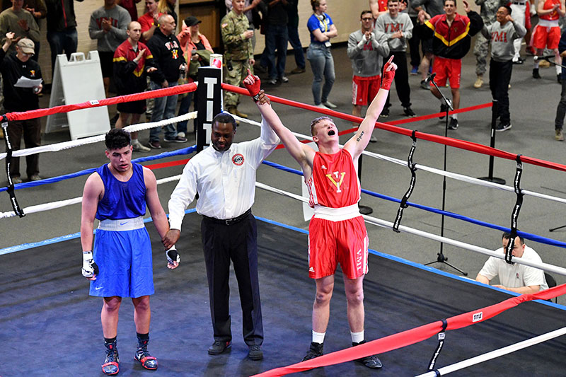 Ryan Freiwald ’18 is announced winner in his match against Florida International University’s Mike Vallejo during the quarterfinals of the USIBA national tournament last night. – VMI Photo by Stephen Hanes.