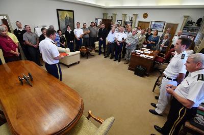 Dallas Clark ’99 speaks to friends from across post after receiving the Meritorious Service Medal in October. – VMI File Photo by Stephen Hanes.