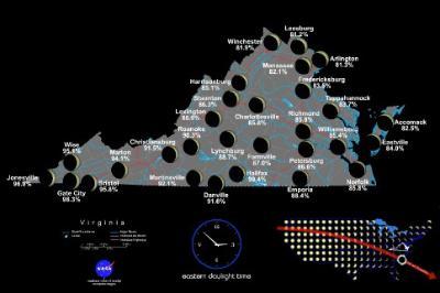 A map of Virginia showing stages of the Eclipse.