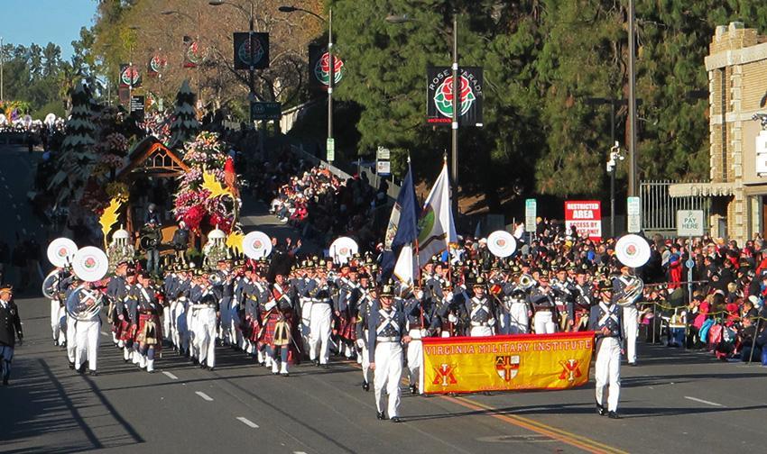 The VMI Regimental Band and Pipe Band march in the Rose Parade Jan. 1, 2016. – Photo courtesy of Col. Ned Riester.