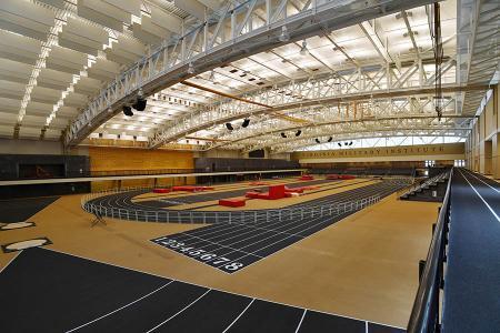 Among the features of the Corps Physical Training Facility are a 200-meter hydraulic track, overhead obstacles, a rock wall, a warmup track, and spectator seating. – VMI Photo by John Robertson IV.