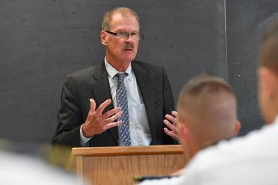 Author Walter McDougall speaks to cadets in the classroom.