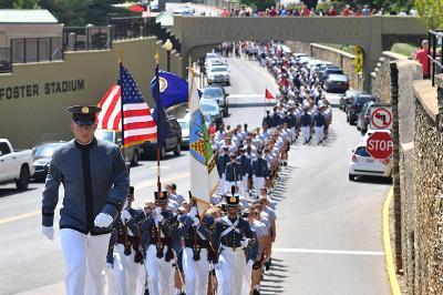 Cadets march up Main Street towards VMI