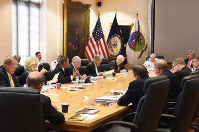 Members of VMI Board of Visitors converse in Preston Library's Turman Room May 5.