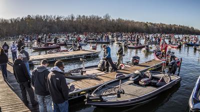 Anglers prepare to leave the dock for the Fishing League Worldwide College Open on Kentucky Lake March 6.