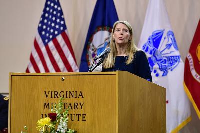 Carolyn Miles, president and CEO of Save the Children, addresses the Corps of Cadets in Cameron Hall shortly after receiving the Jonathan Myrick Daniels ’61 Humanitarian Award.—VMI Photo by H. Lockwood McLaughlin.