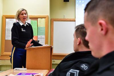 Lt. Col. Valentina Dimitrova-Grajzl lectures in Scott Shipp Hall.