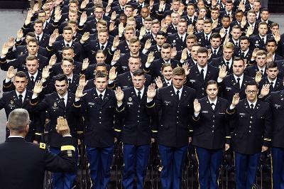 Army ROTC cadets take the commissioning oath in Cameron Hall this morning.