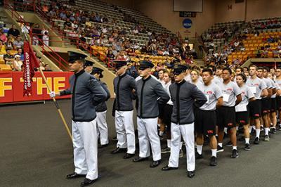 Cadets form up in Cameron Hall.