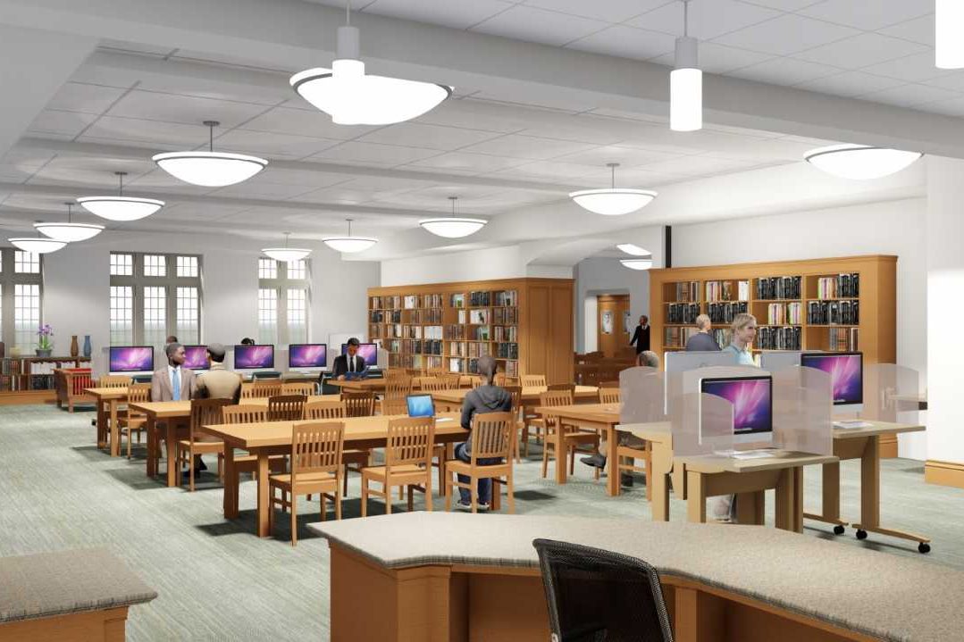 An architectural rendering of Preston Library's common area.