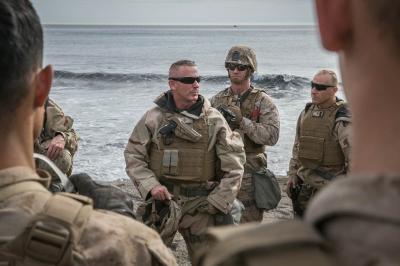 Marine Corps Command Sgt. Maj. William T. Sowers speaks to Marines with the 1st Combat Engineer Battalion at San Clemente Island, California, Dec. 9. —Department of Defense Photo by Lance Cpl. Rhita Daniel.