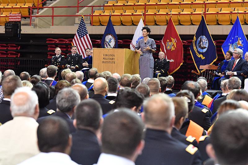 Nancy Giordano speaks to the VMI community in Cameron Hall.